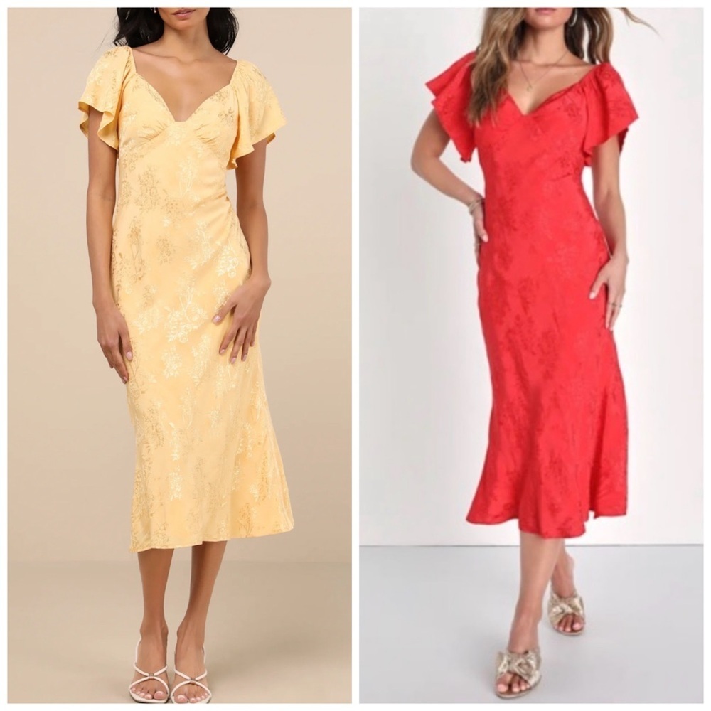 Lulus Red Satin Flutter Sleeve Midi Dress Small Resortwear Wedding Guest Gala